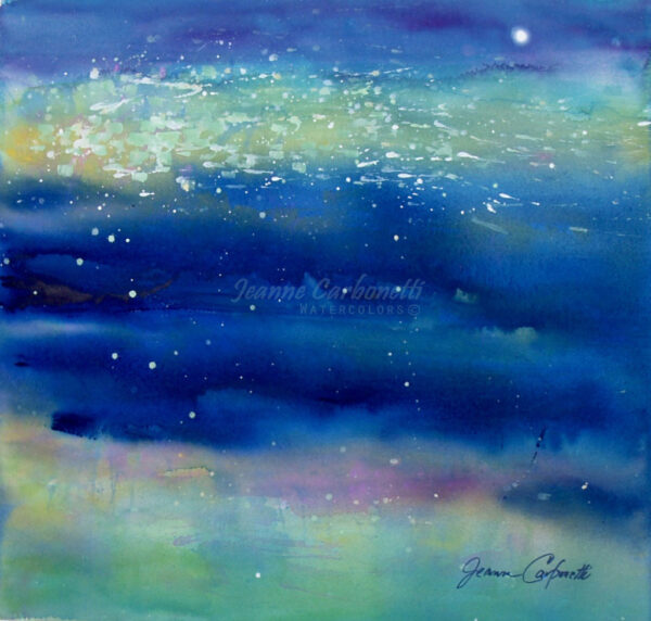 Pond Shimmer, Night View Original Watercolor Painting